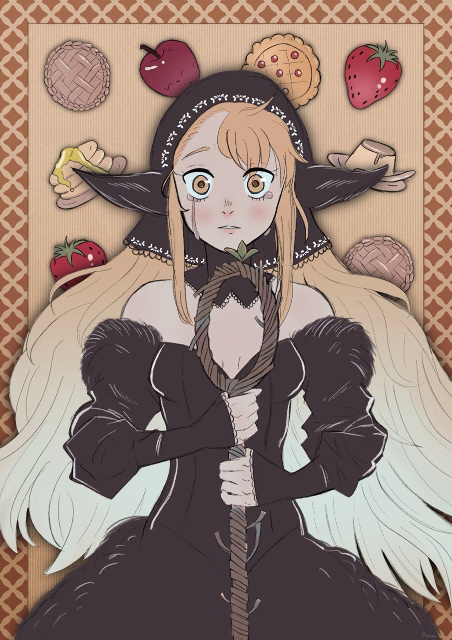 1girl ambrosia_(dungeon_meshi) apple bare_shoulders black_dress blonde_hair breasts brown_eyes cleavage commentary dress dungeon_meshi elf english_commentary food food-themed_background fruit highres holding holding_staff long_hair looking_at_viewer maora_art marcille_donato marcille_donato_(lord) off-shoulder_dress off_shoulder pancake pancake_stack pie pointy_ears sidelocks solo spoilers staff standing straight-on strawberry tears