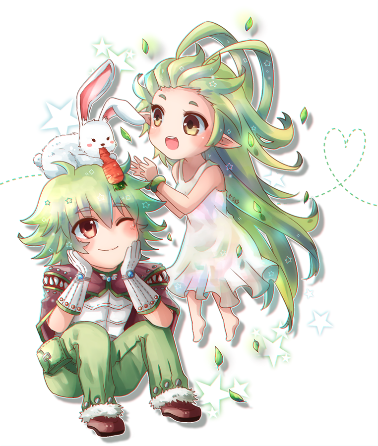 1boy 1girl barefoot belt_pouch blush brown_cape cape carrot chibi clip_studio_paint_(medium) closed_mouth commentary commission creator_(ragnarok_online) dress english_commentary floating full_body fur-trimmed_pants fur_trim gloves green_hair green_pants hands_on_own_cheeks hands_on_own_face himitsu_(dark_nao) lif_(ragnarok_online) long_hair open_mouth pants pointy_ears pouch rabbit ragnarok_online shirt short_hair simple_background smile sundress white_background white_dress white_gloves white_shirt