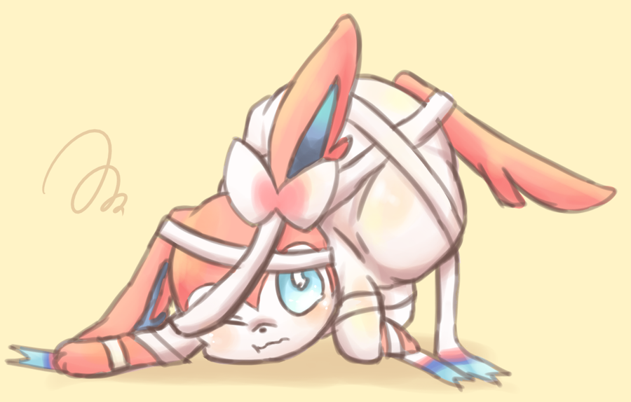 blue_eyes commentary_request creature full_body gen_6_pokemon mizuto_(o96ap) nintendo no_humans one_eye_closed pokemon pokemon_(creature) ribbon simple_background solo squiggle sylveon yellow_background