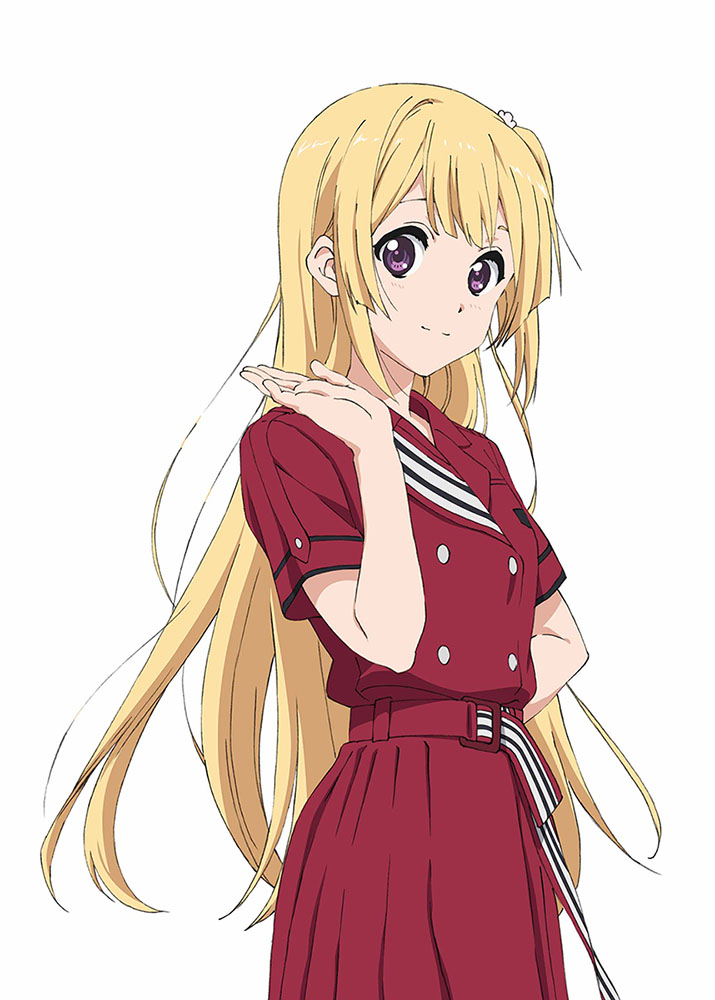 1girl 22/7 arm_behind_back belt belt_buckle blonde_hair buckle buttons closed_mouth cowboy_shot double-breasted dress emblem from_side fujima_sakura hand_up light_smile long_hair looking_at_viewer nani_mo_shiteagerarenai official_art one_side_up pleated_dress purple_eyes red_dress short_sleeves simple_background solo standing white_background