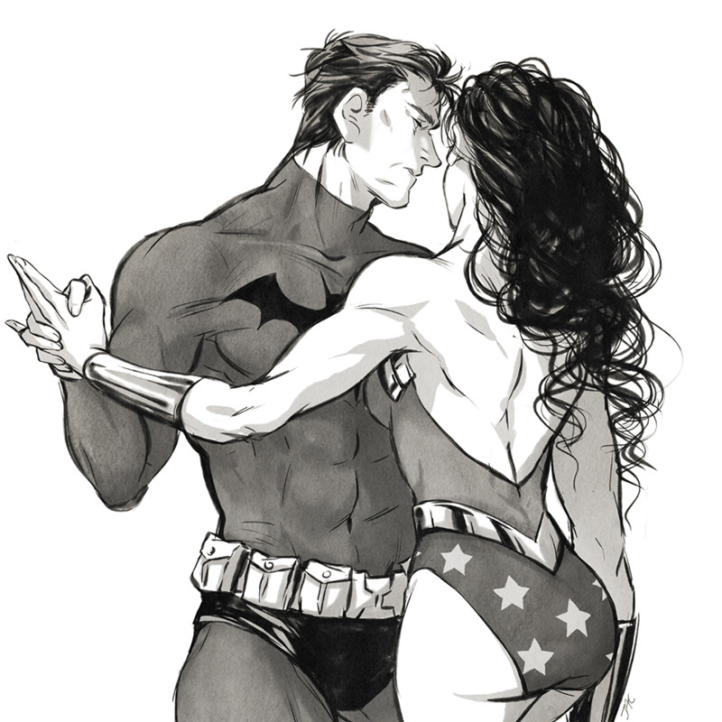 1boy 1girl back backless_outfit bare_shoulders batman batman_(series) bodysuit bruce_wayne commentary covered_abs cowboy_shot dc_comics english_commentary greyscale hair_slicked_back holding_hands jjack00 long_hair looking_at_another monochrome short_hair signature simple_background superhero_costume white_background wonder_woman wonder_woman_(series) wrist_guards