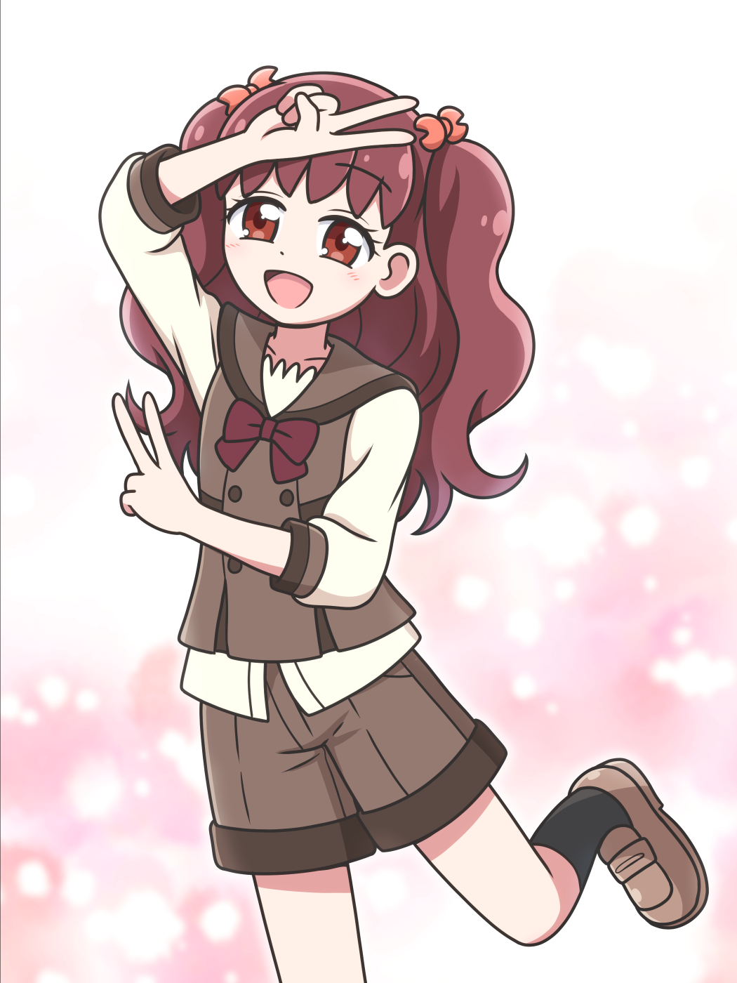 1girl arm_up black_socks blush bow bowtie brown_footwear brown_sailor_collar brown_shorts brown_vest buttons collarbone collared_vest commentary double_v foot_out_of_frame gradient_background hair_bow hair_ornament highres kanie_(precure) kato-shun leg_up light_blush loafers long_hair long_sleeves looking_at_viewer open_mouth pink_background precure red_bow red_bowtie red_eyes red_hair sailor_collar school_uniform second_wangan_school_uniform shirt shoes short_shorts shorts smile socks solo three-quarter_sleeves twintails v vest white_shirt wonderful_precure!