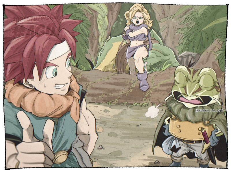 1girl 2boys ayla_(chrono_trigger) blonde_hair blue_eyes blue_tunic boots border cape cavewoman chrono_trigger closed_eyes crono_(chrono_trigger) crop_top curly_hair dated frog frog_(chrono_trigger) frog_boy fur_boots fur_cuffs fur_scarf fur_shirt fur_skirt furrowed_brow green_eyes grey_cape grey_footwear grey_fur grey_pants grey_scarf grey_shirt grey_skirt grin headband jungle long_hair midriff multiple_boys nature navel neckerchief open_mouth orange_neckerchief outdoors pants pointing red_hair scarf sharp_na_ago shirt short_hair skirt smile spiked_hair strapless sweatdrop tree tube_top tunic twitter_username white_border white_headband
