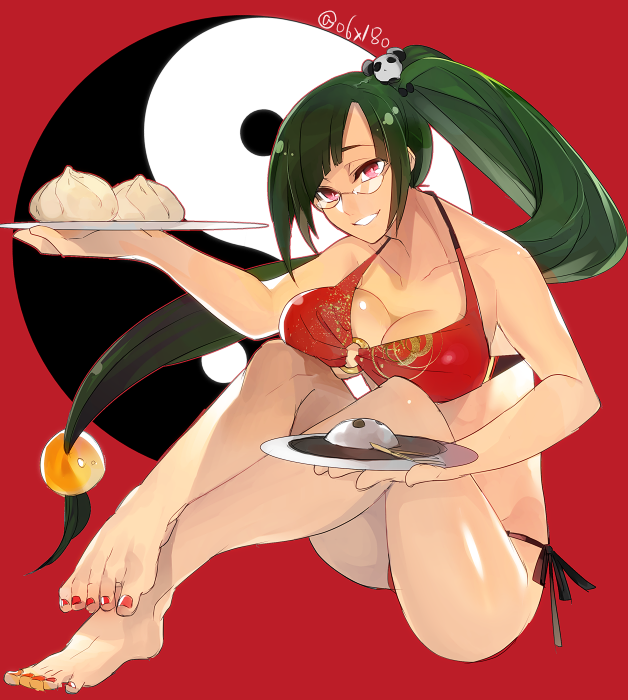 1girl arakune bad_id bad_twitter_id steamed_bun bare_shoulders barefoot bikini blazblue blazblue:_chronophantasma breasts cleavage female_focus food glasses green_hair hair_ornament hyakuhachi_(over3) lao_jiu large_breasts litchi_faye_ling nail_polish panda ponytail red_eyes side-tie_bikini_bottom simple_background sitting solo swimsuit yin_yang