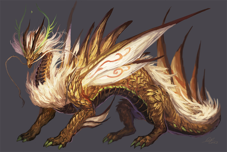 animal_focus claws dragon eastern_dragon from_side full_body grey_background horns insect_wings mane no_humans original scales signature simple_background solo tail torihasiden wings yellow_eyes yellow_scales