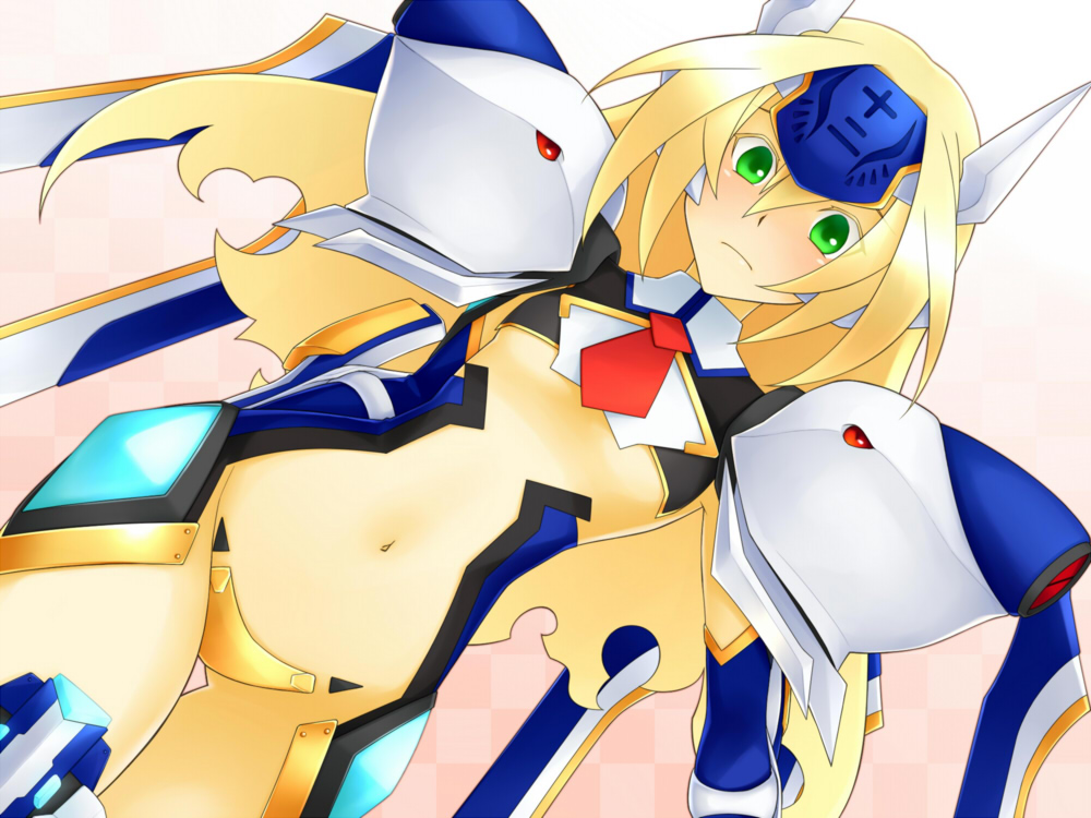 1girl arc_system_works blazblue blonde_hair female_focus flat_chest green_eyes long_hair mayo-black mayo_bk mecha_musume midriff mu-12 noel_vermillion shoulder_pads solo thighhighs tiara