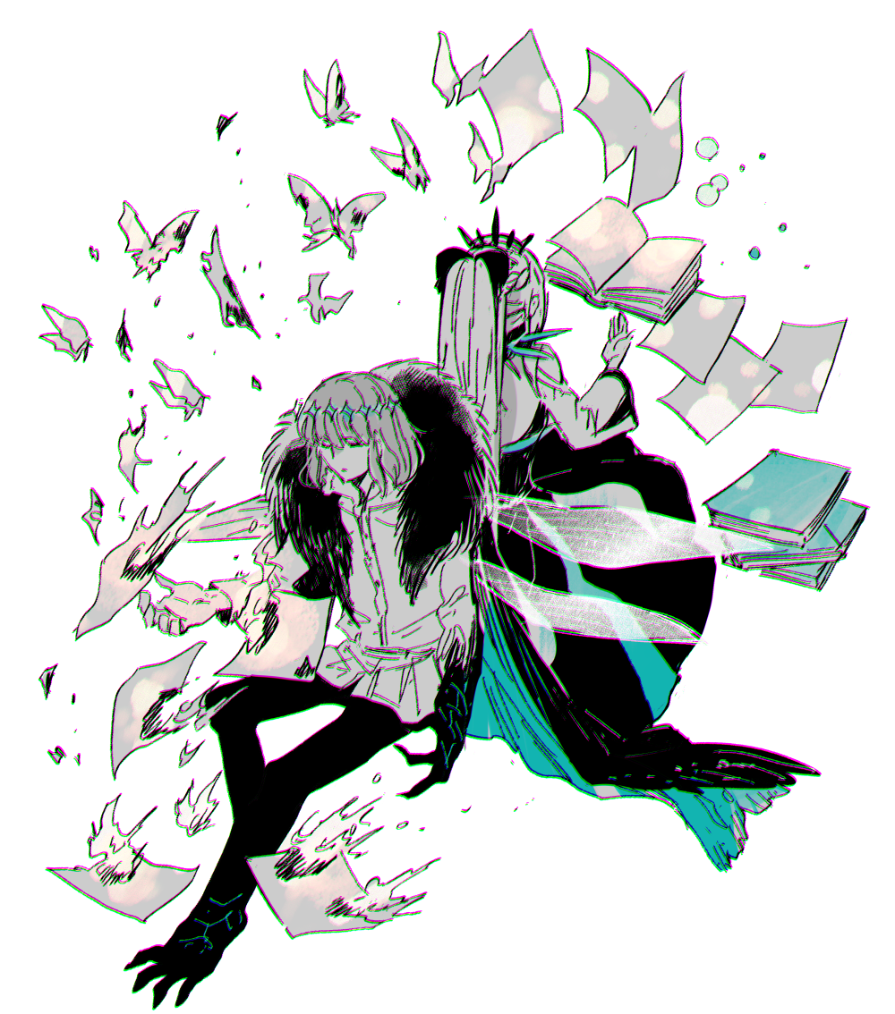 1boy 1girl black_bow black_dress book bow dress fate/grand_order fate_(series) full_body fur_trim hair_bow long_hair monochrome morgan_le_fay_(fate) morgan_le_fay_(third_ascension)_(fate) nobicco oberon_(fate) oberon_(third_ascension)_(fate) paper ponytail short_hair spikes tiara very_long_hair