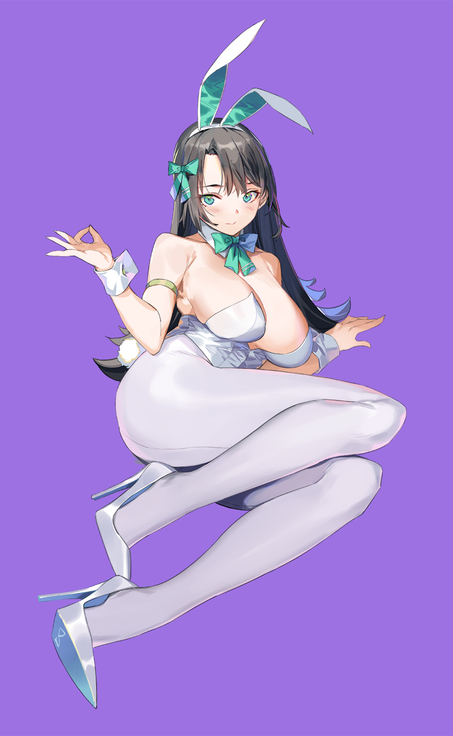 animal_ears armlet ass black_hair blush bow breasts cleavage closed_mouth fake_animal_ears flipped_hair green_eyes hair_bow hairband high_heels highres jewelry large_breasts leotard light_smile long_hair looking_at_viewer lying miyazakisoul on_side original pantyhose playboy_bunny pumps purple_background rabbit_ears rabbit_tail shoes simple_background solo stiletto_heels tail white_pantyhose wrist_cuffs