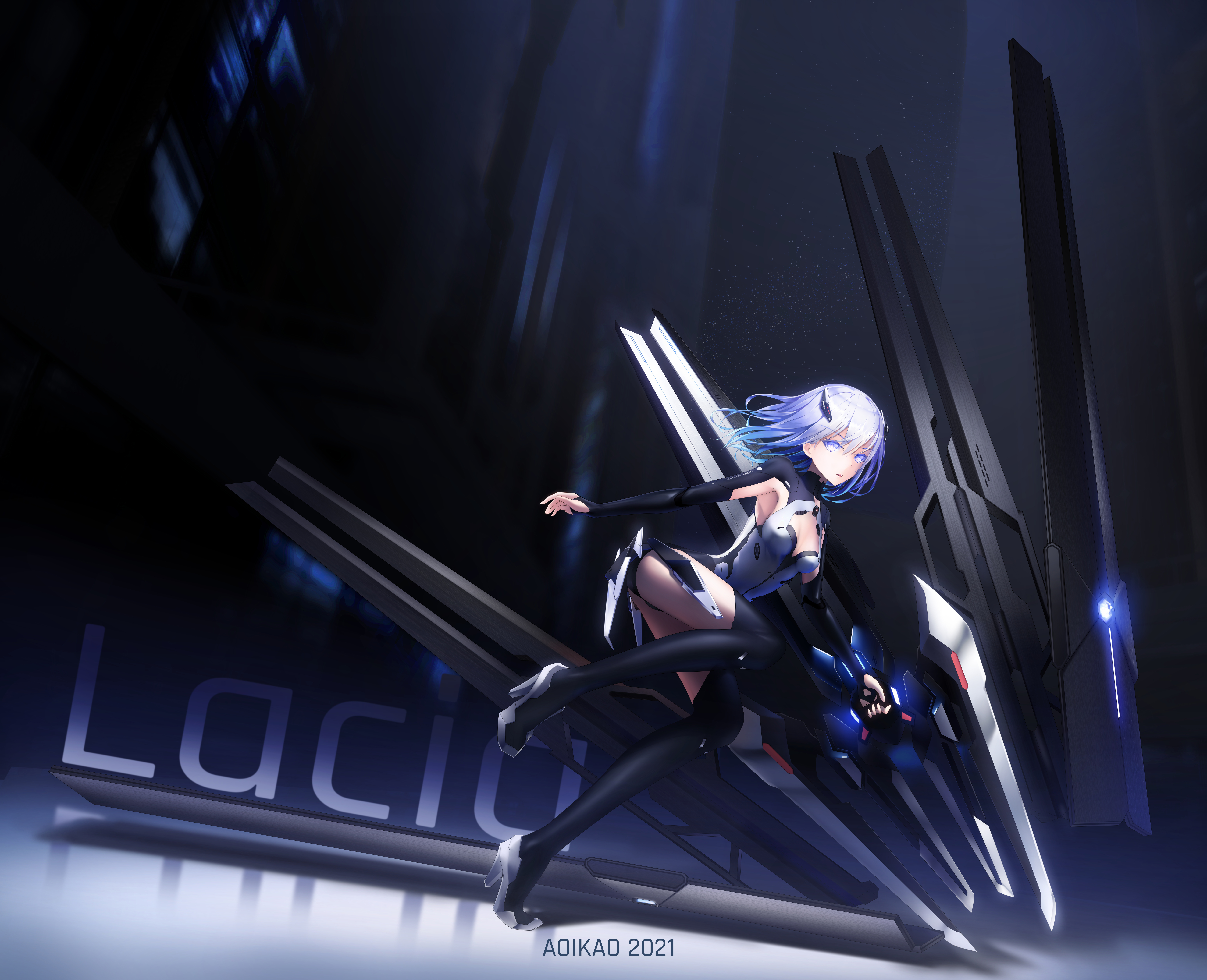 1girl absurdres android aoi_kao_(lsz7106) armpit_cutout artist_name beatless blue_eyes blue_hair bodysuit character_name cleavage_cutout clothing_cutout dark_background device floating_hair full_body gradient_hair hair_ornament high_heels highres holding holding_weapon lacia_(beatless) long_hair mecha_musume multicolored_hair running thighhighs thighs thumb_hole_sleeves turtleneck turtleneck_bodysuit weapon