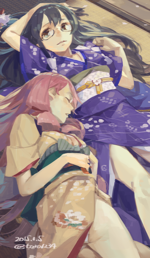 10s 2girls akashi_(kancolle) akashi_(new_year)_(kancolle) black_hair blue_eyes dated glasses japanese_clothes kantai_collection kimono looking_at_viewer lying multiple_girls obi on_back ooyodo_(kancolle) ooyodo_(new_year)_(kancolle) panties panty_peek pink_hair sash short_sleeves sleeping tatami toro_(konirio) twitter_username underwear