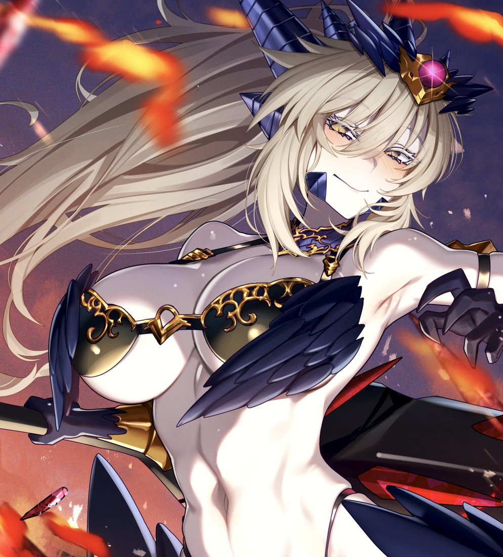 1girl arm_strap artoria_pendragon_(fate) artoria_pendragon_(lancer_alter)_(fate) bikini black_bikini black_horns blonde_hair breasts cleavage cluseller collar colored_eyelashes commission fate/grand_order fate_(series) gold_trim hair_between_eyes horns lance large_breasts long_hair pale_skin polearm ponytail purple_collar rhongomyniad_(fate) shadow skeb_commission solo swimsuit underboob weapon wing_ornament yellow_eyes