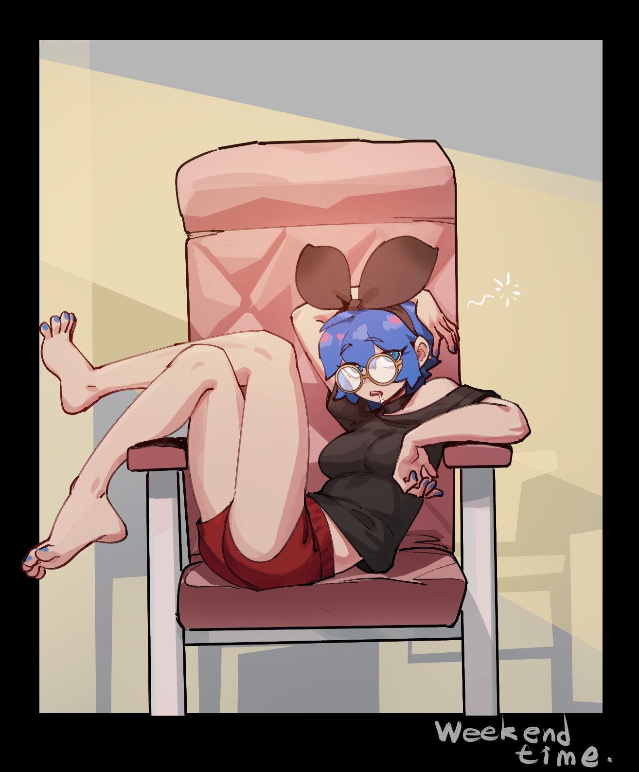 1girl arm_above_head arm_over_head arm_up bare_legs barefoot black_border black_choker black_hairband black_ribbon black_shirt blue_eyes blue_hair blue_nails border breasts bright_pupils chair choker commentary dif_(difman) difman dorsiflexion drooling english_commentary english_text eyes_visible_through_hair feet fingernails full_body hair_between_eyes hairband highres knees_up legs looking_at_viewer medium_breasts mole mole_under_eye nail_polish on_chair open_mouth original outside_border red_shorts ribbon round_eyewear shirt short_hair short_sleeves shorts sketch_background solo t-shirt toenail_polish toenails toes waking_up white_pupils