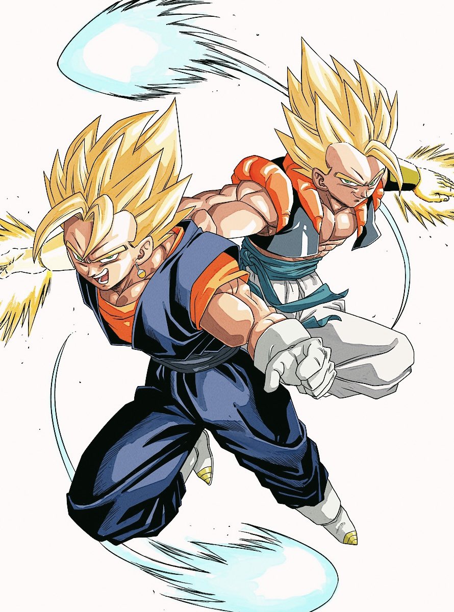 2boys abs aura blonde_hair blue_pants blue_sash blue_shirt boots cropped_vest dougi dragon_ball dragon_ball_z_dokkan_battle dragonball_z earrings energy_sword full_body gloves gogeta green_eyes highres jewelry male_focus medium_hair metamoran_vest multiple_boys muscular muscular_male no_shirt open_clothes open_vest orange_shirt pants potara_earrings reeya sash shirt simple_background smirk spiked_hair super_saiyan super_saiyan_1 sword vegetto vest weapon white_background white_footwear white_gloves white_pants