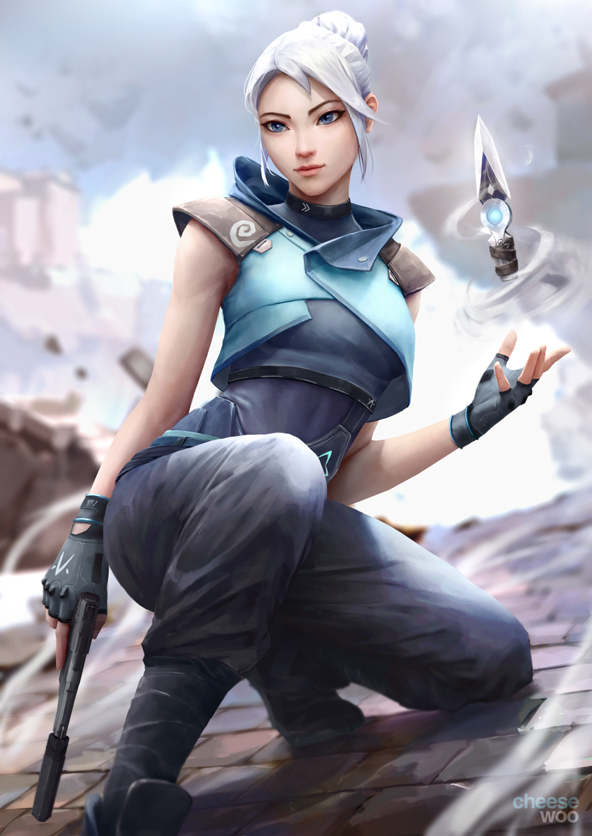 1girl armor black_gloves blue_eyes boots cheesewoo facing_viewer fingerless_gloves foot_out_of_frame gloves gun highres holding holding_gun holding_weapon jett_(valorant) knife lips looking_to_the_side pants shoulder_armor sleeveless solo squatting valorant weapon white_hair