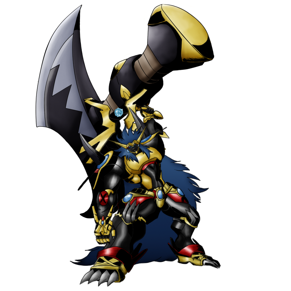 apollomon apollomon_darkness_mode apollomon_whispered armor axe blue_hair digimon digimon_(creature) lion long_hair simple_background solo white_background