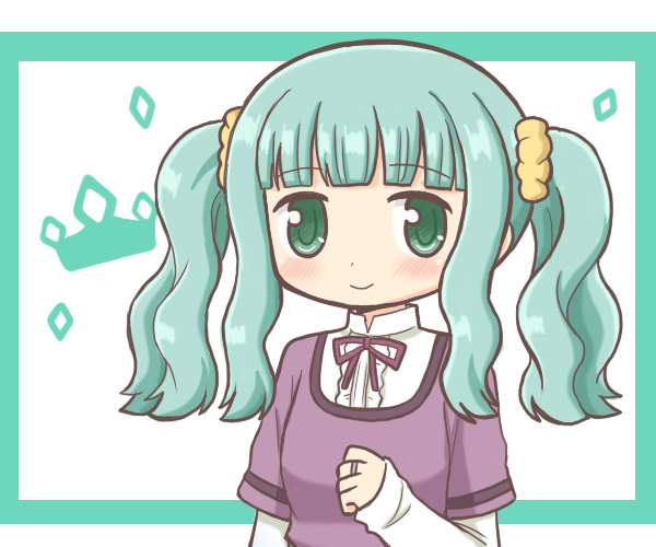 1girl bad_id bad_pixiv_id blunt_bangs closed_mouth collared_shirt commentary_request crown futaba_sana green_eyes green_hair jewelry layered_sleeves long_hair long_sleeves looking_at_viewer magia_record:_mahou_shoujo_madoka_magica_gaiden mahou_shoujo_madoka_magica mizuna_girls&#039;_academy_school_uniform neck_ribbon purple_ribbon purple_shirt reverse_(bluefencer) ribbon ring school_uniform shirt short_over_long_sleeves short_sleeves sidelocks smile solo twintails upper_body wavy_hair white_shirt