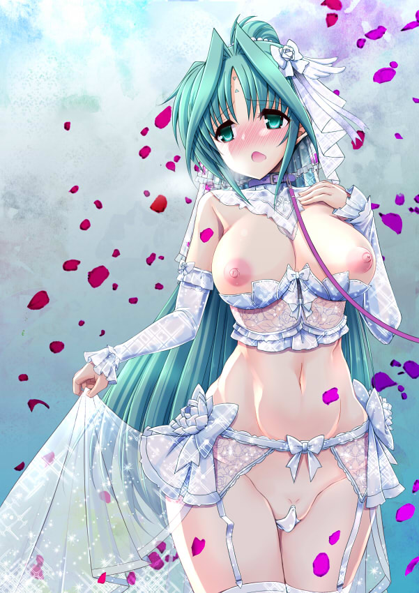 1girl blush breasts breasts_out bridal_veil collar dress female_focus garter_belt garter_straps green_hair large_breasts leash lindy_harlaown long_hair looking_at_viewer lyrical_nanoha mahou_shoujo_lyrical_nanoha mahou_shoujo_lyrical_nanoha_a&#039;s mahou_shoujo_lyrical_nanoha_strikers navel nipples open_mouth shiwo solo thighhighs veil wedding_dress white_thighhighs