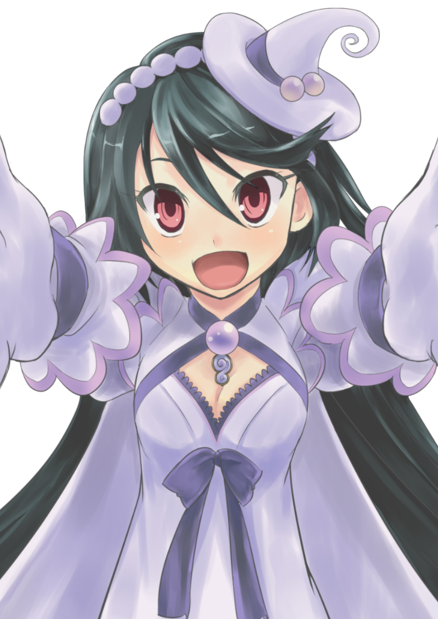10s 1girl bow cape dress female_focus gloves hat highres kazumi_(madoka_magica) long_hair looking_at_viewer magical_girl mahou_shoujo_kazumi_magica mahou_shoujo_madoka_magica open_mouth outstretched_arms red_eyes smile solo spoilers very_long_hair white_background witch_hat yukimura_kaname