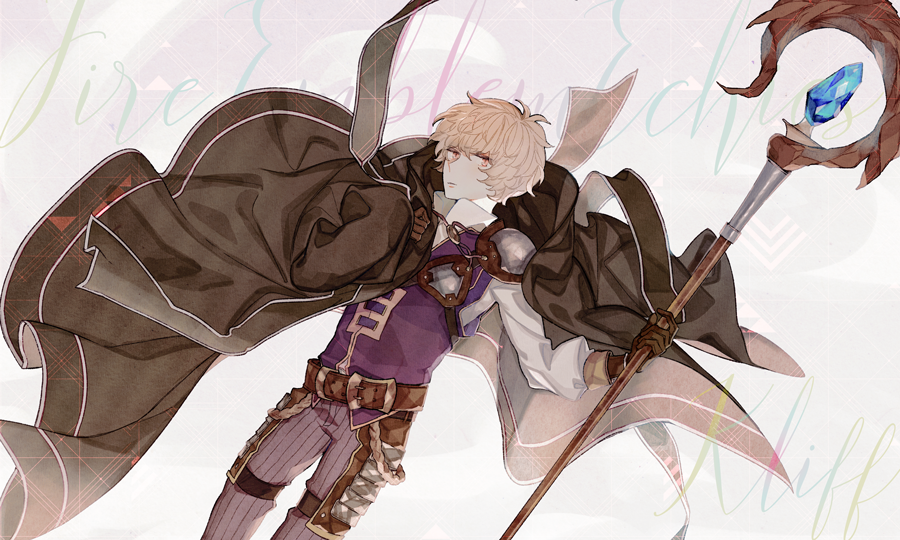 1boy bad_id bad_pixiv_id belt cape character_name copyright_name fire_emblem fire_emblem_echoes:_shadows_of_valentia gloves kliff_(fire_emblem) male_focus nintendo pink_eyes solo staff u_f1214 upper_body white_hair