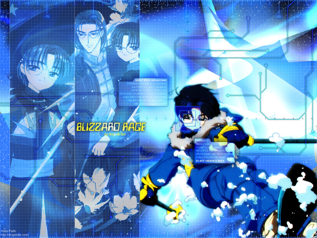 1990s_(style) 2boys black_eyes black_hair blue_theme cardcaptor_sakura clow_reed flower fur_trim glasses hiiragizawa_eriol hood looking_at_viewer male_focus multiple_boys retro_artstyle scarf smile snow stick text_focus winter_clothes