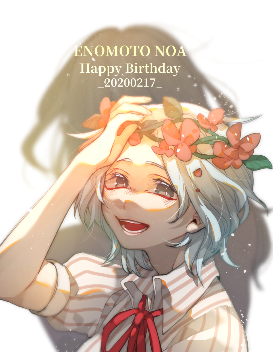 1girl blue_hair breasts bright_pupils character_name collared_shirt colored_eyelashes dated english_text enomoto_noa flower_wreath grey_eyes hand_on_own_head happy_birthday head_wreath highres light_blue_hair light_particles neck_ribbon open_mouth portrait puffy_short_sleeves puffy_sleeves red_eyes ribbon saibou_shinkyoku shirt short_sleeves small_breasts smile striped_clothes striped_shirt vertical-striped_clothes vertical-striped_shirt white_pupils white_shirt yokuhaku