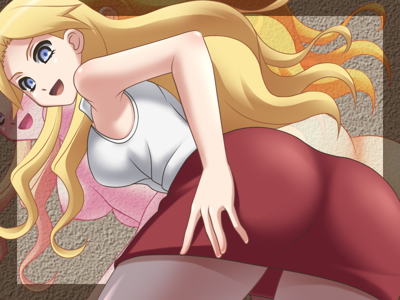00s 1girl awa bare_arms bare_shoulders blonde_hair blue_eyes border breasts cowboy_shot female_focus kimura_kaere leaning_forward long_hair looking_at_viewer looking_back medium_breasts miniskirt nude_layer outside_border pencil_skirt red_skirt sayonara_zetsubou_sensei shirt skirt sleeveless sleeveless_shirt smile solo standing translucent_border transparent_border