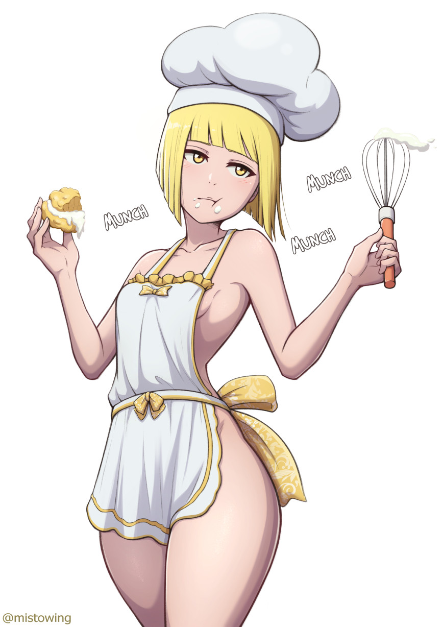 1girl apron artist_name bare_shoulders beanie bleach bleach:_sennen_kessen-hen blonde_hair breasts collarbone commission dessert eating female_focus food hat highres holding holding_whisk liltotto_lamperd medium_hair mistowing naked_apron quincy_(bleach) small_breasts sternritter whisk yellow_eyes