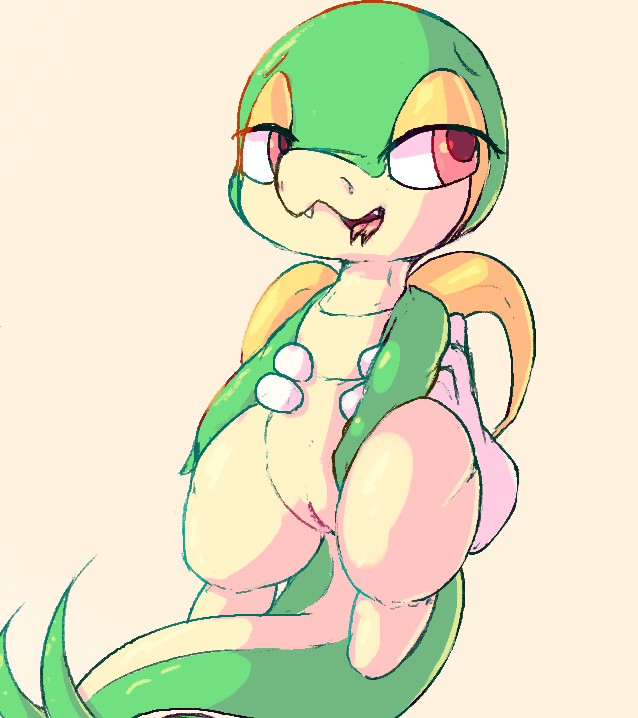 1girl carrying fangs furry furry_female gen_5_pokemon lodetail nintendo pokemon pokemon_(creature) pussy red_eyes snake snivy tail tongue tongue_out