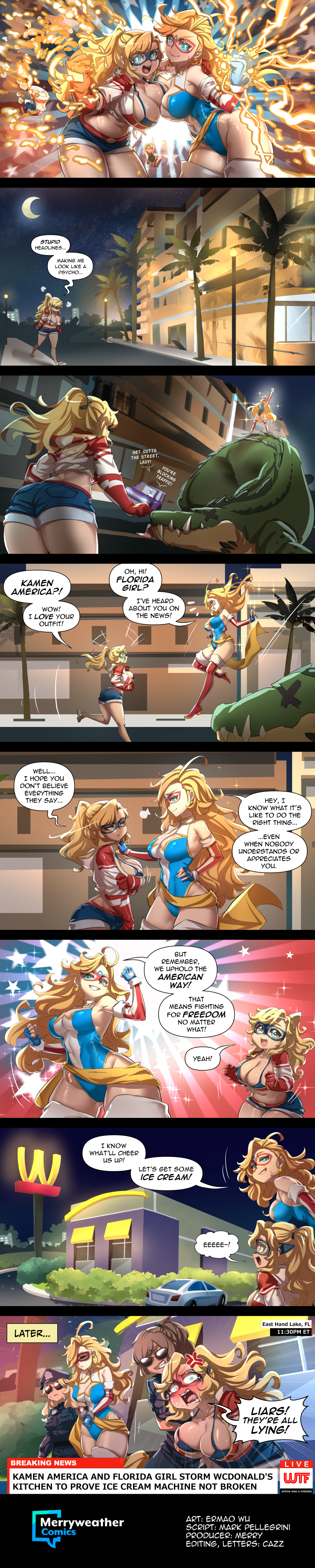 4girls absurdres arrested bad_id bad_pixiv_id bikini bikini_top_only blonde_hair blue_eyes boots clothing_cutout comic crocodile crocodilian crossover english_text ermao_wu florida_girl_(merryweather) from_side frown high_heel_boots high_heels highres kamen_america leotard meme multiple_girls police ponytail short_shorts shorts skindentation sparkling_eyes speech_bubble star_cutout sunglasses superhero_costume swept_bangs swimsuit thighhighs thighs wide_hips