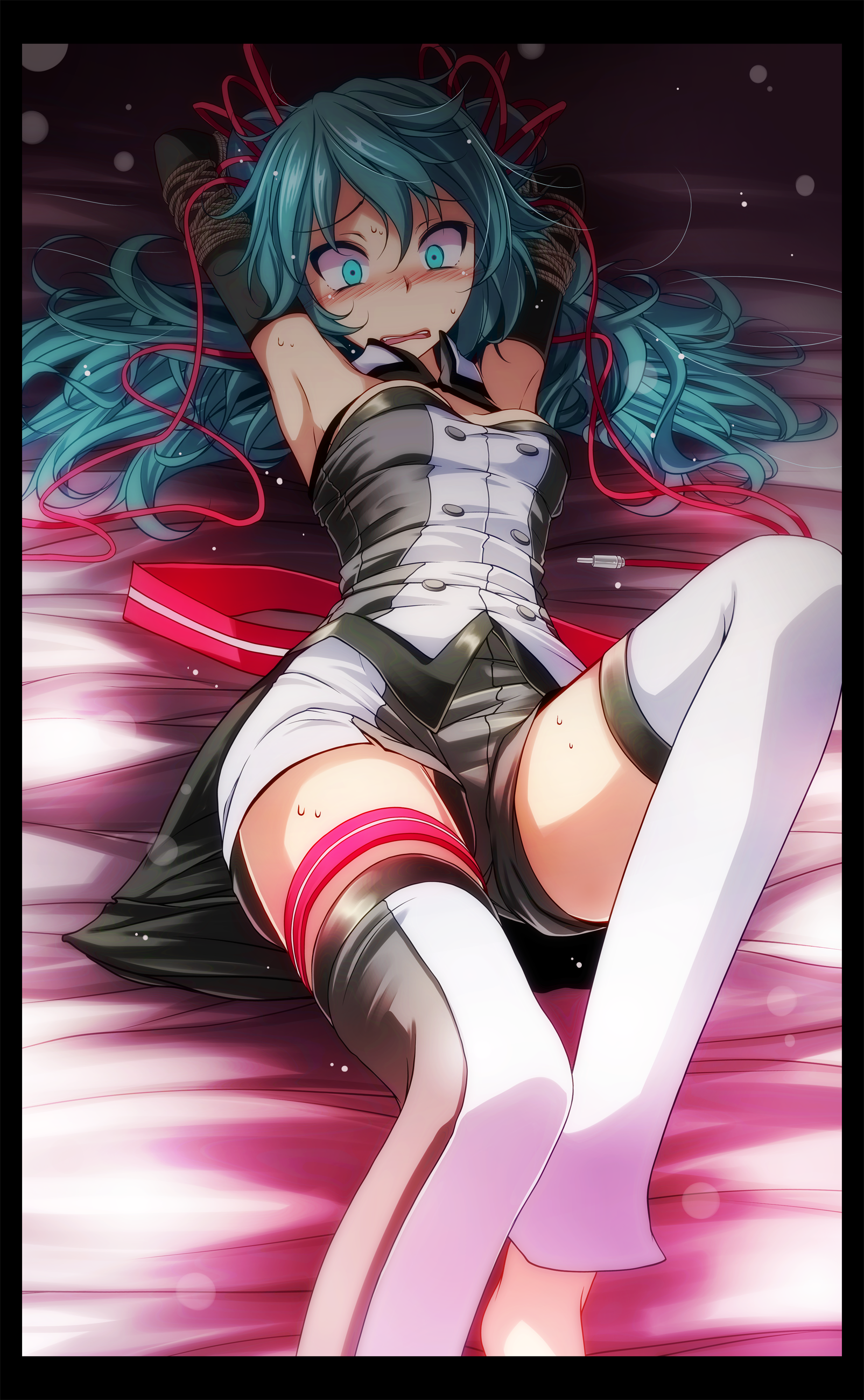 tsukishiro saika, hatsune miku, hatsune miku (dimension), nijigen dream  fever (vocaloid), project diva (series), vocaloid, absurdres, highres,  1girl, armpits, arms behind head, arms up, bare shoulders, bdsm, bed sheet,  black border, blue