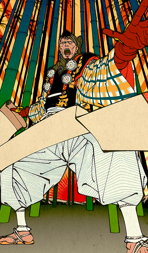 1boy bamboo bamboo_forest blank_eyes commentary earrings fate/grand_order fate_(series) forest full_body gloves holding holding_scroll ikezawa_shin japanese_clothes jewelry male_focus musashibou_benkei_(fate) nature official_art open_mouth orange_background puffy_pants red_gloves sandals scroll shouting single_earring solo teeth third-party_source