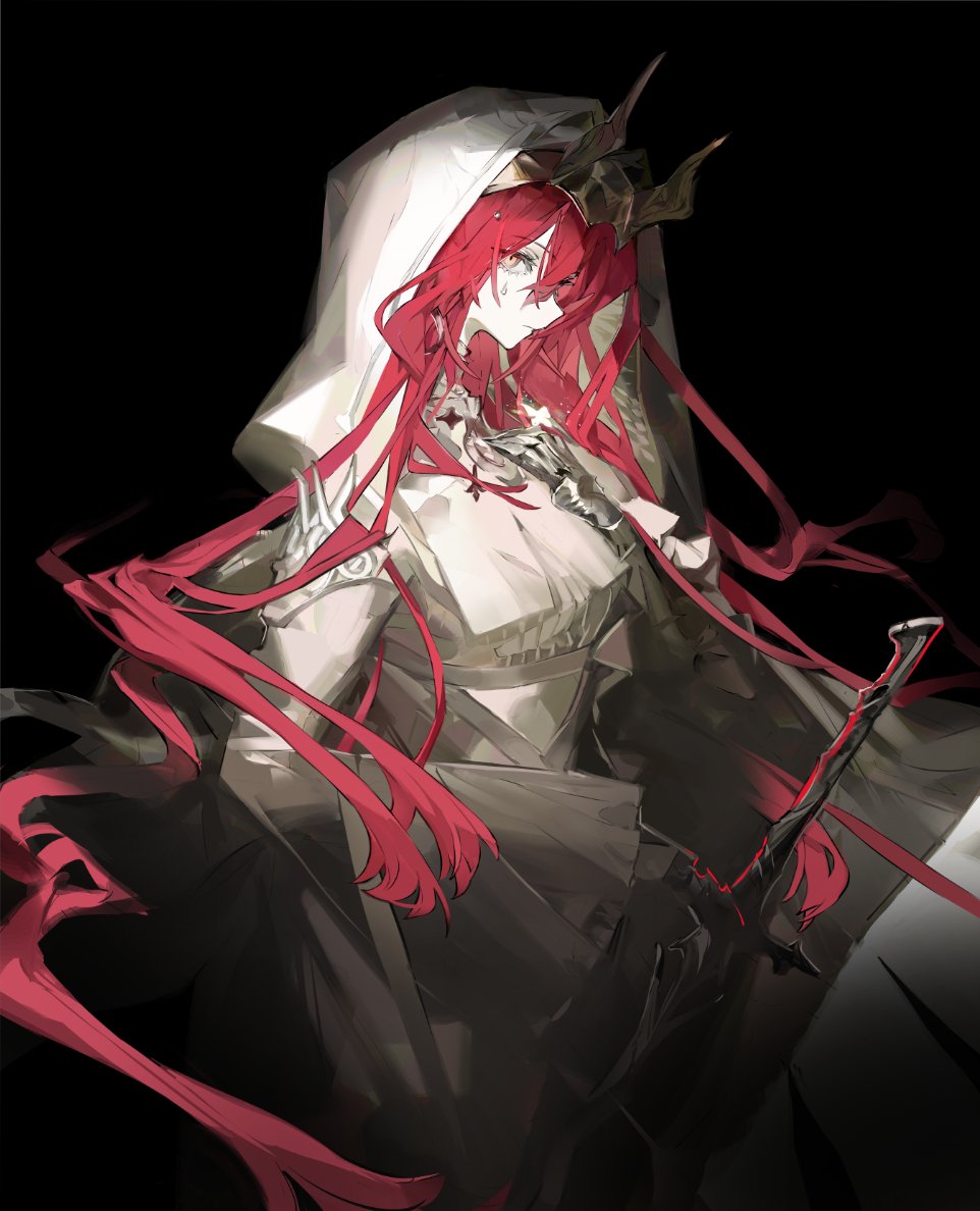 1girl arknights armored_gloves ascalon_(arknights) ascalon_(phototaxis)_(arknights) black_background breasts cape capelet closed_mouth cowboy_shot demon_girl demon_horns dress frilled_sleeves frills from_side gold_horns hair_between_eyes hand_on_own_chest hand_up holding holding_sword holding_weapon hood hood_up hooded_cape horns koio long_hair long_sleeves looking_at_viewer medium_breasts official_alternate_costume orange_eyes pale_skin red_hair solo sword teardrop_facial_mark very_long_hair weapon white_cape white_capelet white_dress wide_sleeves