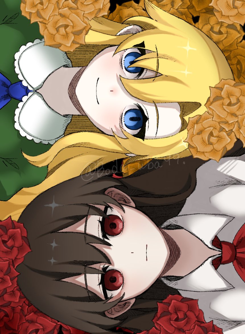 2girls :| blonde_hair blue_eyes blue_neckerchief boda_uba99 brown_hair closed_mouth collared_shirt flower hair_between_eyes ib_(ib) ib_(kouri) looking_at_viewer mary_(ib) multiple_girls neckerchief red_eyes red_flower red_neckerchief red_rose rose rotational_symmetry shirt smile twitter_username white_shirt yellow_flower yellow_rose