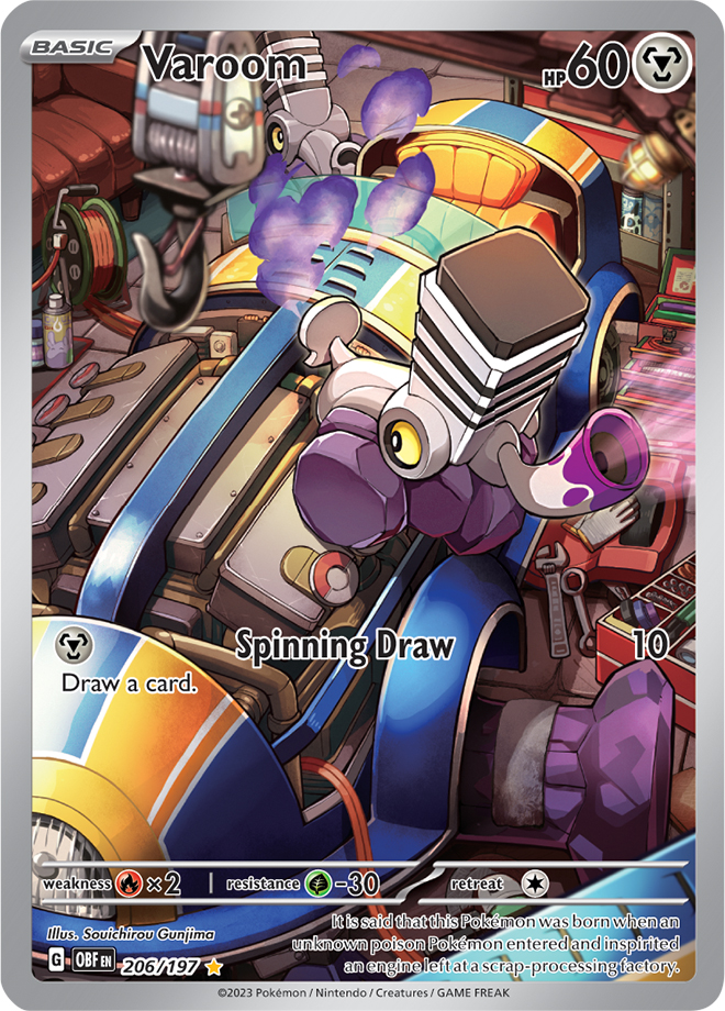 cable character_name copyright_name copyright_notice engine english_text exhaust floating gunjima_souichirou hook motor_vehicle nintendo no_humans official_art open_mouth pokemon pokemon_(creature) pokemon_focus pokemon_tcg screw third-party_source toolbox varoom wrench yellow_eyes