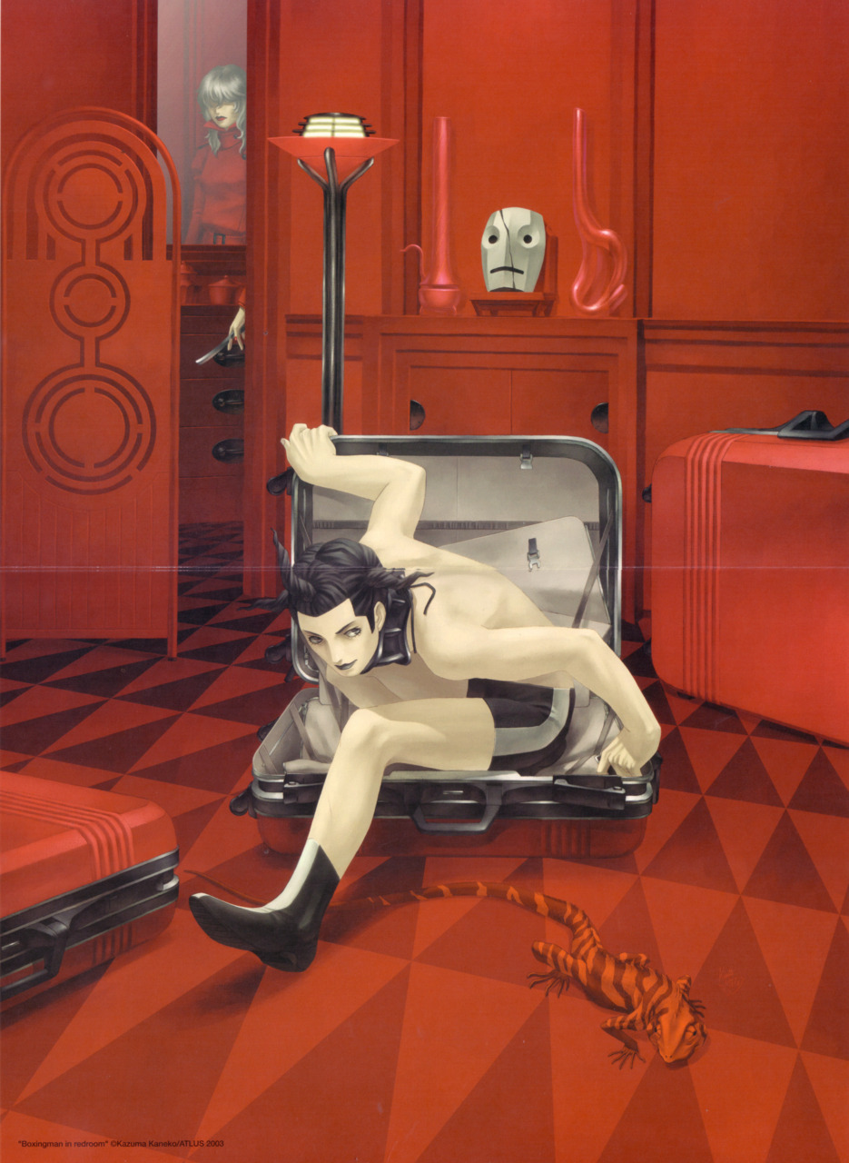 1boy 1girl ankle_boots artist_name black_footwear black_hair black_lips boots collar flexible floor_lamp grey_hair hair_over_eyes highres in_container indoors jacket jiken kazuma_kaneko knife lamp lipstick lizard looking_at_viewer makeup male_focus mask mirror original pale_skin red_jacket red_lips red_theme reflection sculpture shorts solo_focus spiked_hair suitcase topless_male trunk unworn_mask watermark