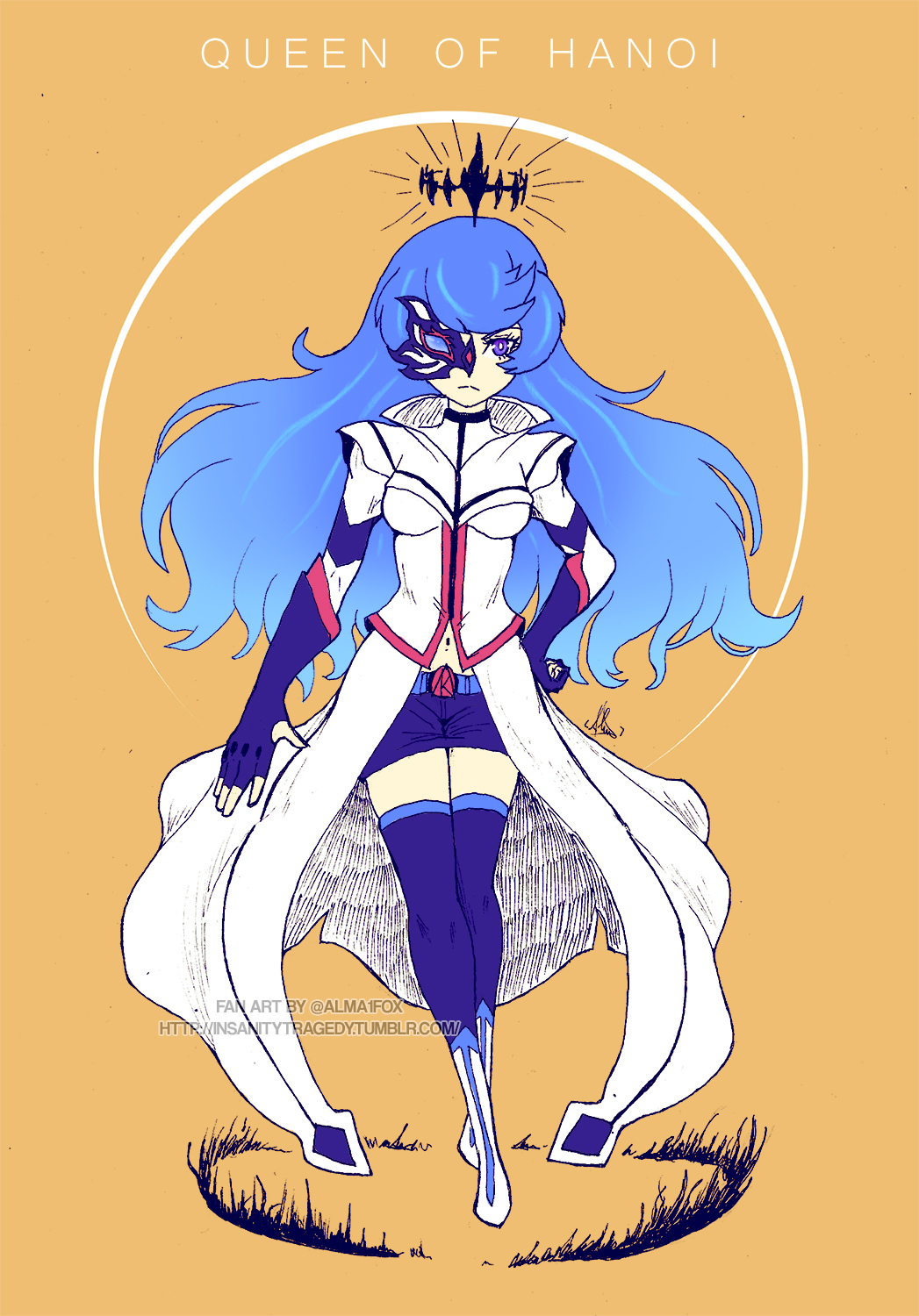 1girl almafox alternate_form alternate_universe black_crown blue-framed_eyewear blue-tinted_eyewear blue_angel_(yu-gi-oh!) blue_eyes blue_gloves blue_hair blue_shorts blue_thighhighs circlet coat corset crown crown_of_thorns elbow_gloves english_text expressionless facing_viewer gloves hair_down hand_on_own_hip highres long_hair looking_to_the_side midriff_peek mini_crown outstretched_arm partially_fingerless_gloves pink_trim popped_collar shirt short_shorts shorts thighhighs tinted_eyewear trench_coat walking_towards_viewer watermark white_corset white_footwear white_shirt yu-gi-oh! yu-gi-oh!_vrains zaizen_aoi