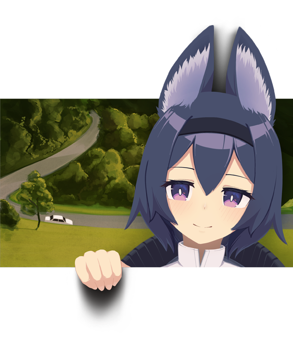 1girl animal_ear_fluff animal_ears black_hair blush car closed_mouth commentary english_commentary fourth_wall fox_ears ghost_car hairband jacy motor_vehicle original parody purple_eyes road short_hair smile solo transparent_background tree turtleneck