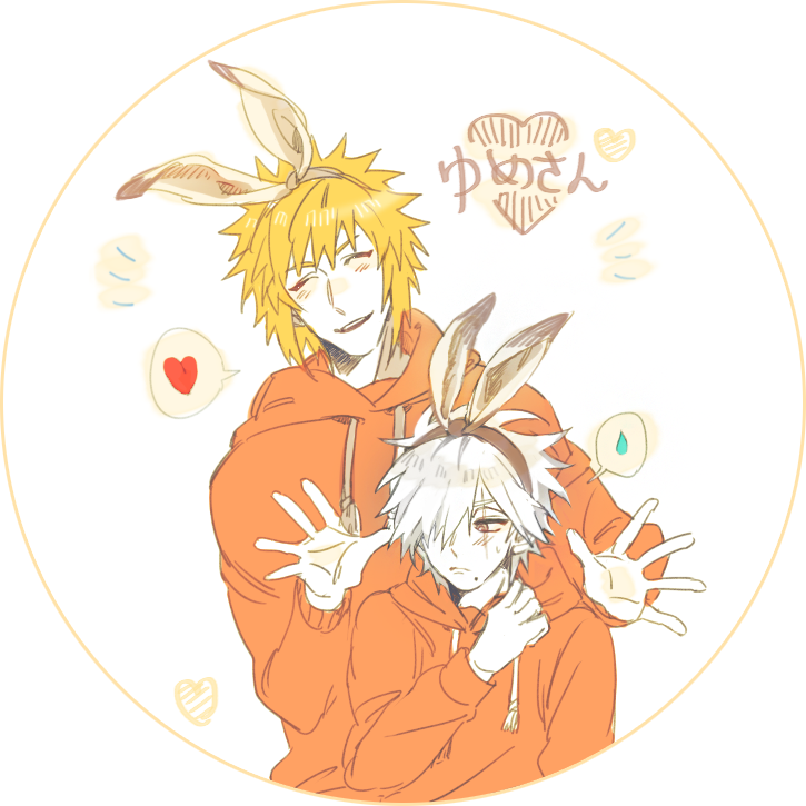 2boys aged_down animal_ears blonde_hair blush closed_eyes fake_animal_ears hatake_kakashi heart hood hoodie long_sleeves male_focus mole mole_under_mouth multiple_boys namikaze_minato naruto_(series) naruto_shippuuden scar scar_across_eye scar_on_face spoken_heart vosovic