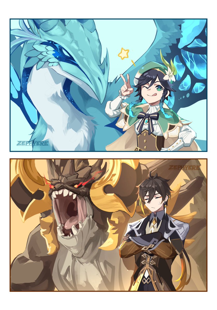 2boys ;q aqua_eyes artist_name azhdaha_(genshin_impact) black_hair braid brown_hair cape closed_eyes closed_mouth coat commentary crossed_arms dragon dvalin_(genshin_impact) earrings english_commentary flower genshin_impact green_eyes hair_between_eyes hand_up hat hat_flower jewelry long_hair long_sleeves looking_at_viewer multicolored_hair multiple_boys one_eye_closed side_braids smile tongue tongue_out v venti_(genshin_impact) very_long_hair zephyere zhongli_(genshin_impact)