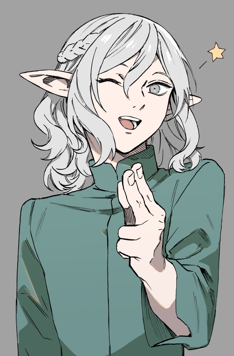 1boy :d aiming aiming_at_viewer bang_(gesture) braid dungeon_meshi elf finger_gun green_shirt grey_eyes grey_hair kabe_piko long_sleeves looking_at_viewer male_focus mandarin_collar medium_hair mithrun one_eye_closed open_mouth pointing pointing_at_viewer pointy_ears shirt smile solo star_(symbol) wavy_hair