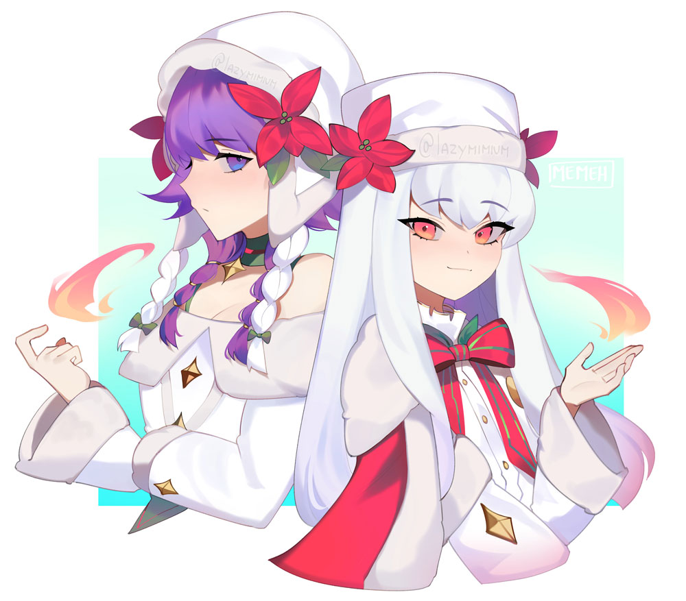 2girls alternate_costume bare_shoulders bow bowtie buttons cape christmas closed_mouth commentary cropped_torso dress english_commentary expressionless fire fire_emblem fire_emblem:_the_sacred_stones fire_emblem:_three_houses fire_emblem_heroes flower fur-trimmed_cape fur-trimmed_sleeves fur_trim hair_between_eyes hat hat_flower long_hair long_sleeves looking_at_viewer low_twintails lute_(fire_emblem) lute_(winter)_(fire_emblem) lysithea_von_ordelia lysithea_von_ordelia_(winter) magic memeh multiple_girls nintendo off_shoulder official_alternate_costume orange_eyes purple_eyes purple_hair red_bow red_cape red_flower smile twintails twitter_username white_dress white_hair white_headwear wide_sleeves
