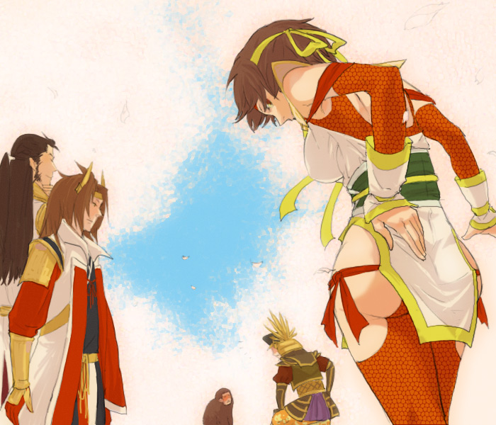 1girl 3boys arm_guards armor ass breasts brown_hair coat colored_sclera day egawa_satsuki facial_hair hairband hand_on_own_ass ishida_mitsunari ishida_mitsunari_(sengoku_musou) large_breasts leaning_forward long_hair looking_away monkey multiple_boys nene nene_(sengoku_musou) overcoat red_sclera ribbon sash sengoku_musou sengoku_musou_2 shima_sakon shima_sakon_(sengoku_musou) sky toyotomi_hideyoshi toyotomi_hideyoshi_(sengoku_musou) very_long_hair