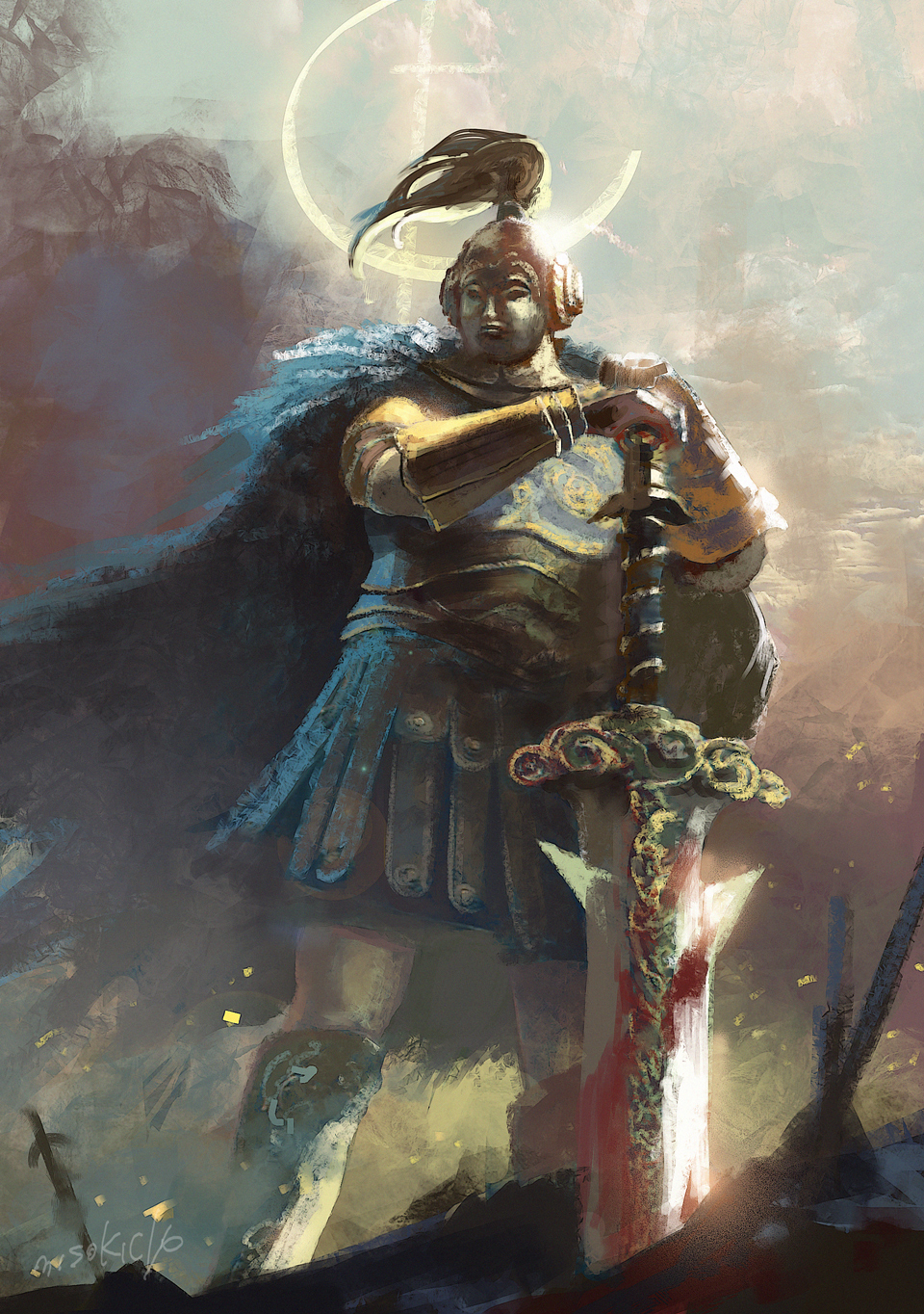 1girl armor cape commentary_request elden_ring fur_cape gauntlets great_rune_(elden_ring) helm helmet high_ponytail highres holding holding_sword holding_weapon miso_katsu planted planted_sword planted_weapon ponytail redmane_freyja solo standing sword weapon