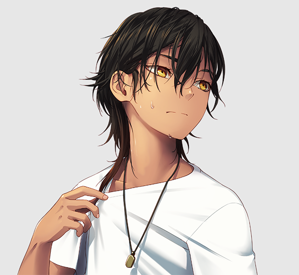 1boy aged_down black_hair brown_hair closed_mouth dark-skinned_male dark_skin grey_background holding holding_own_hair jewelry leuco looking_to_the_side male_focus multicolored_hair necklace ookurikara portrait shirt simple_background solo sweat touken_ranbu two-tone_hair white_shirt yellow_eyes