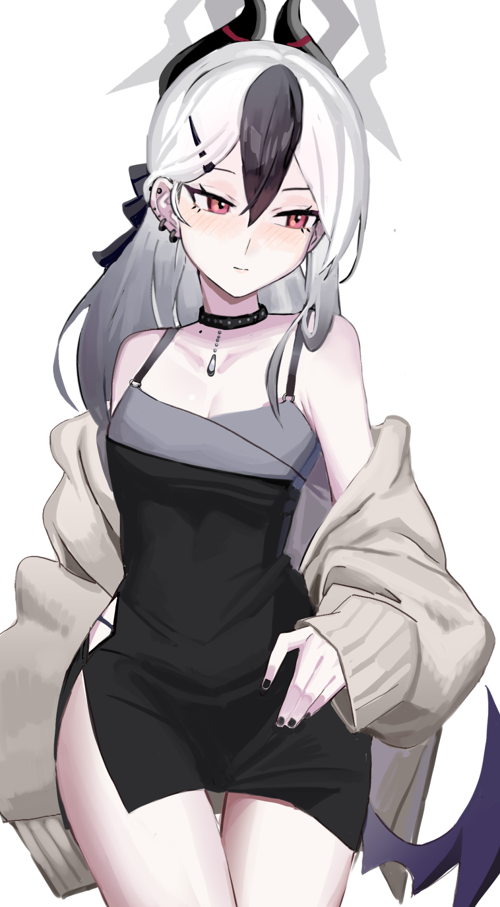 1girl black_choker black_dress black_hair black_horns blue_archive blush choker closed_mouth cowboy_shot demon_horns demon_wings dress earrings franz2543 grey_hair grey_halo grey_jacket hair_between_eyes halo highres horns jacket jewelry kayoko_(blue_archive) kayoko_(dress)_(blue_archive) long_hair long_sleeves multicolored_hair official_alternate_costume open_clothes open_jacket purple_wings red_eyes simple_background single_wing solo white_background wings