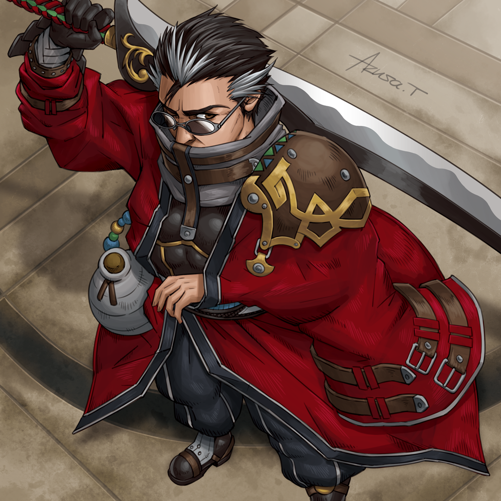 1boy armor artist_name auron azusa_tanaka black_hair black_pants bottle breastplate coat commentary_request final_fantasy final_fantasy_x from_above grey_hair holding holding_sword holding_weapon looking_at_viewer looking_up male_focus multicolored_hair one_eye_closed pants pauldrons red_coat scar scar_across_eye scar_on_face shoulder_armor signature single_pauldron sword tinted_eyewear weapon