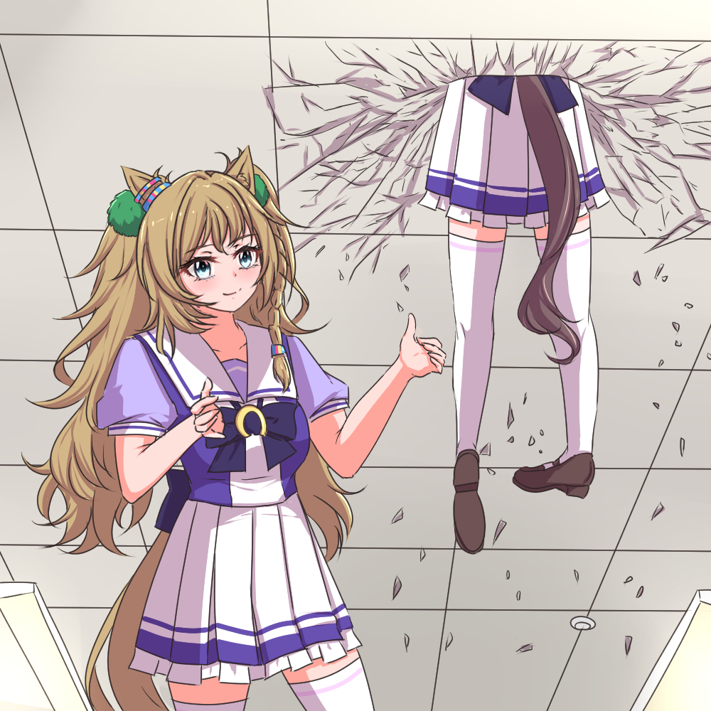 2girls anikinoihai893 animal_ears blast_onepiece_(umamusume) blue_eyes blush braid breasts closed_mouth collarbone commentary_request cracked_ceiling hair_between_eyes hair_ornament horse_ears horse_tail looking_at_viewer medium_breasts multiple_girls parody school_uniform shoes side_braid smile stuck tail thighhighs through_wall tracen_school_uniform umamusume