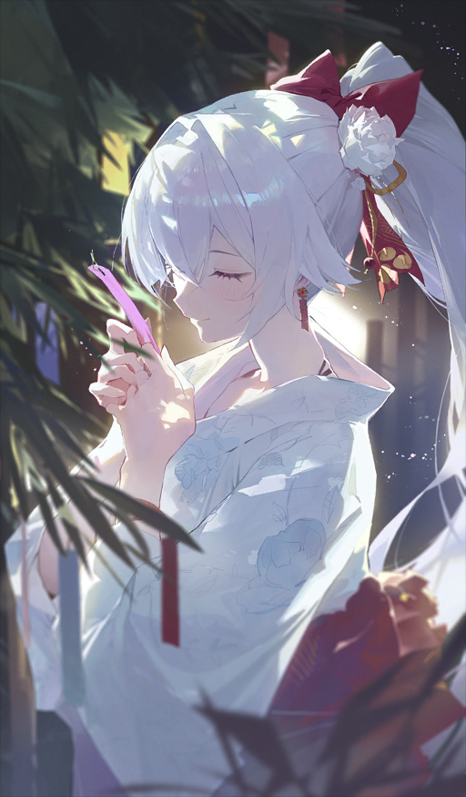 1girl bad_source blush bow closed_eyes craft_essence_(fate) earrings fate/grand_order fate_(series) hair_bow japanese_clothes jewelry kimono long_hair modare official_alternate_costume official_art ponytail red_bow solo tomoe_gozen_(fate) upper_body very_long_hair white_hair white_kimono