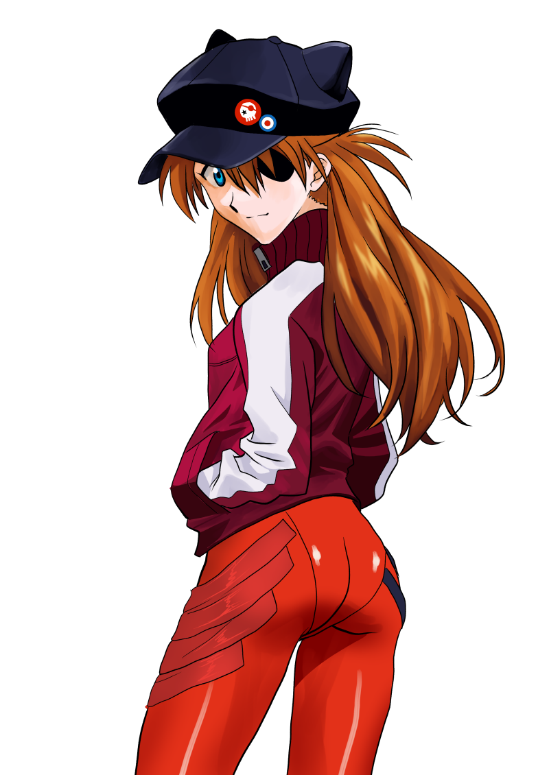 1girl animal_ears animal_hat ass badge blue_eyes bodysuit breasts brown_hair button_badge newsboy_cap cat_hat closed_mouth cowboy_shot dimples_of_venus evangelion:_3.0_you_can_(not)_redo expressionless eyepatch fake_animal_ears from_behind frown hair_over_one_eye hands_in_pockets hat hat_ornament jacket joy_ride legs_apart long_hair long_sleeves looking_at_viewer looking_back mecha_pilot_suit neon_genesis_evangelion plugsuit_(evangelion) pocket rebuild_of_evangelion red_bodysuit shiny_clothes signature simple_background single_vertical_stripe skin_tight skull_print small_breasts solo souryuu_asuka_langley tape track_jacket turtleneck two_side_up white_background