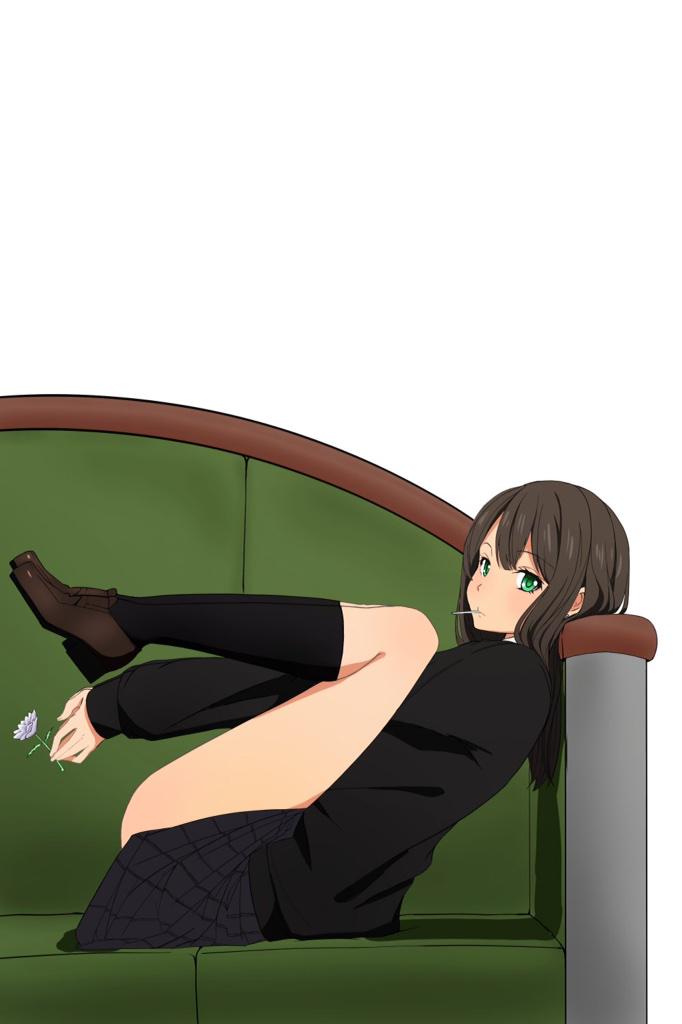 10s 1girl black_socks brown_hair cardigan couch female_focus fetal_position flower full_body green_eyes green_upholstery idolmaster idolmaster_cinderella_girls kneehighs loafers long_hair long_legs looking_at_viewer mosha_densou open_mouth school_uniform shibuya_rin shoes simple_background sitting socks solo white_background